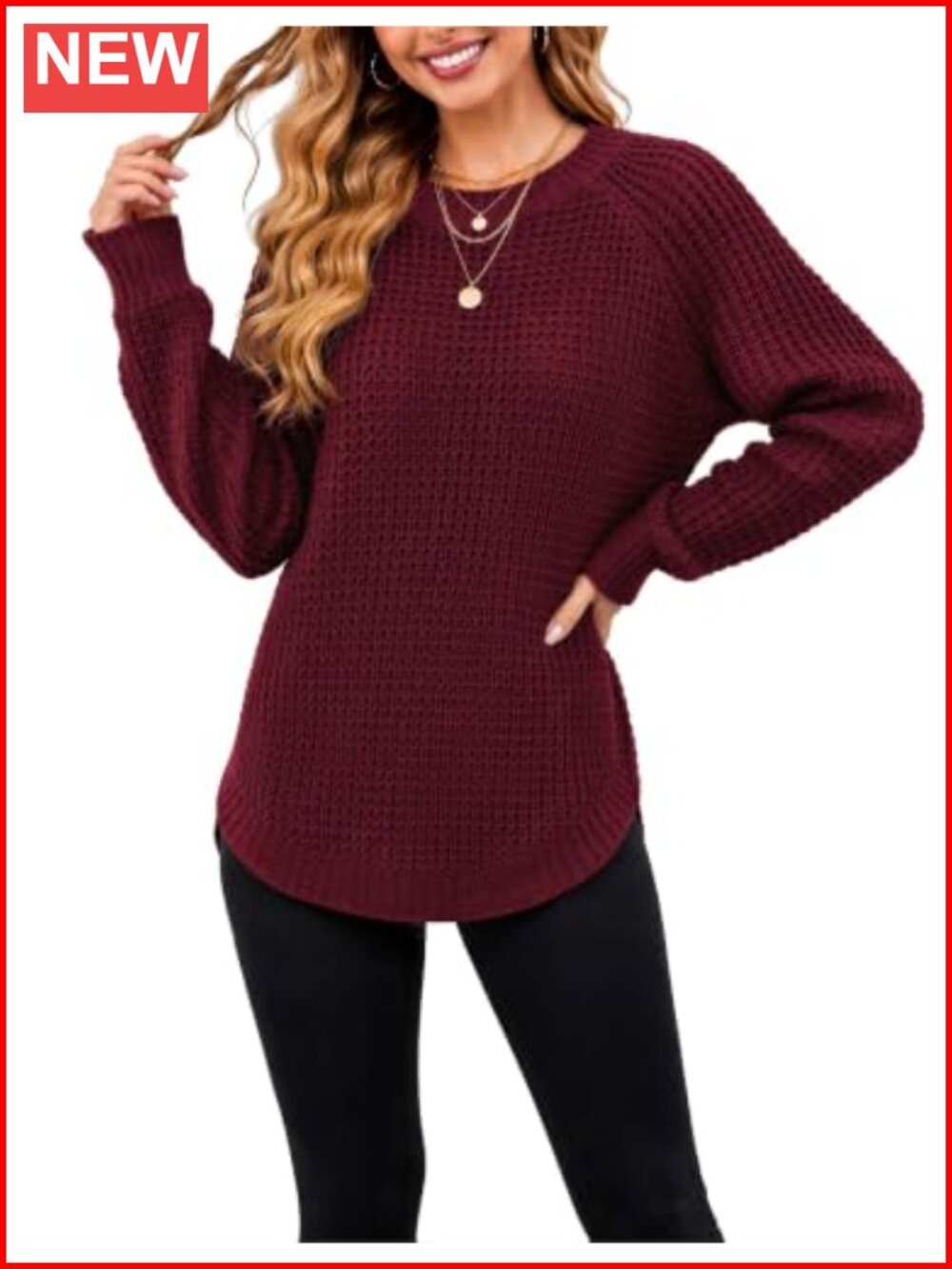 Womens Chunky Waffle Knit Sweater Long Pullover Raglan Sleeve Crew Neck
